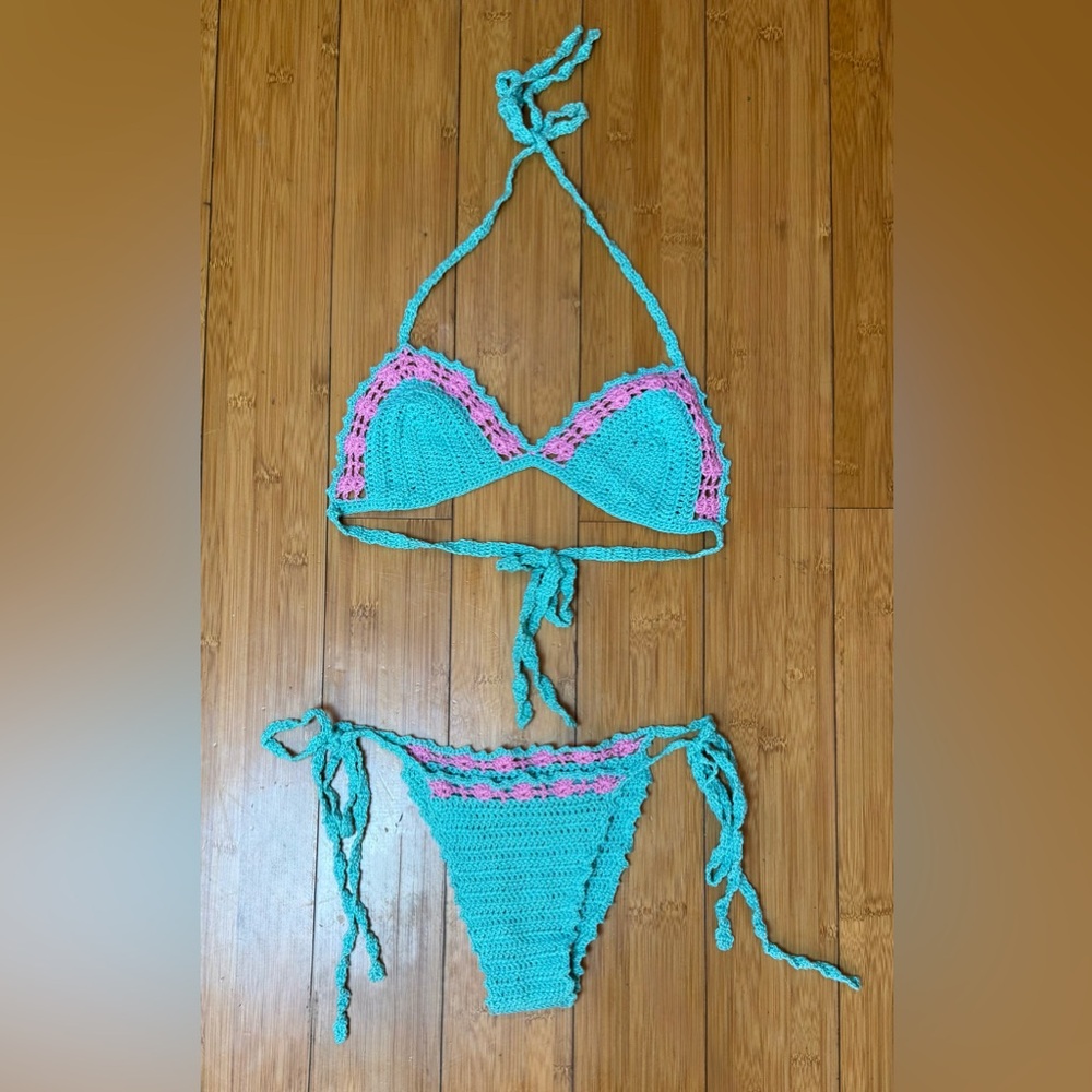 Handmade from Bondi Beach Australia Crochet Bikini Set in Blue and Pink
